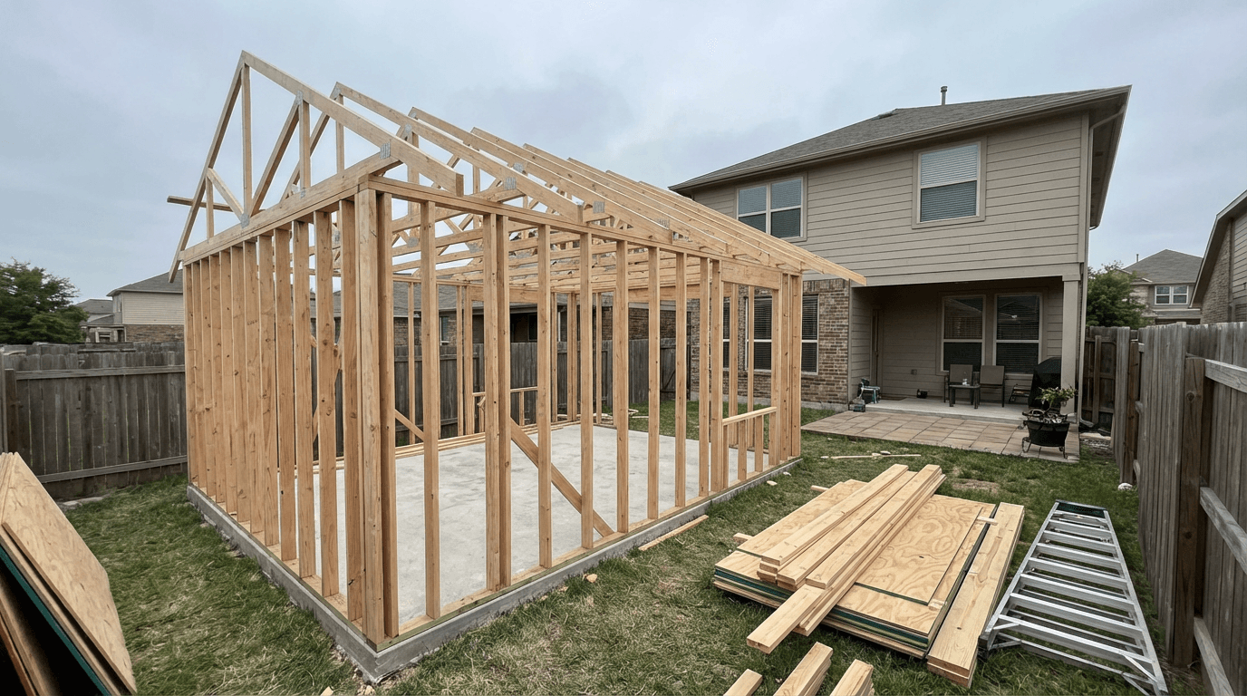 Accessory dwelling unit framing stage on concrete foundation in residential backyard