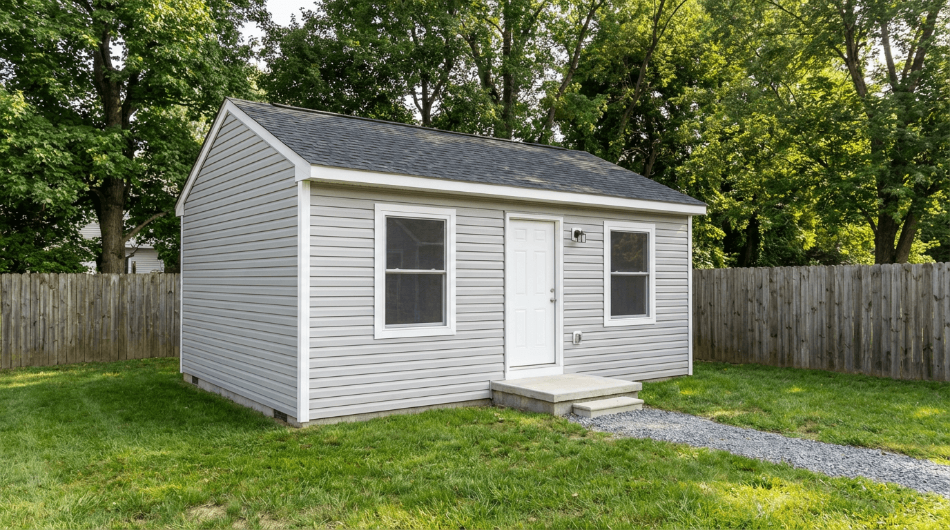 Craftsman-style guest house ADU with covered porch and flagstone path
