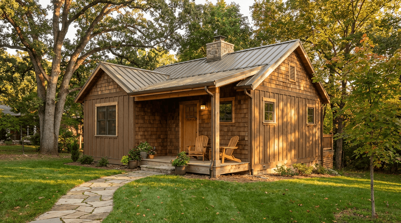 Modern cedar ADU cottage with large windows and stone walkway in backyard