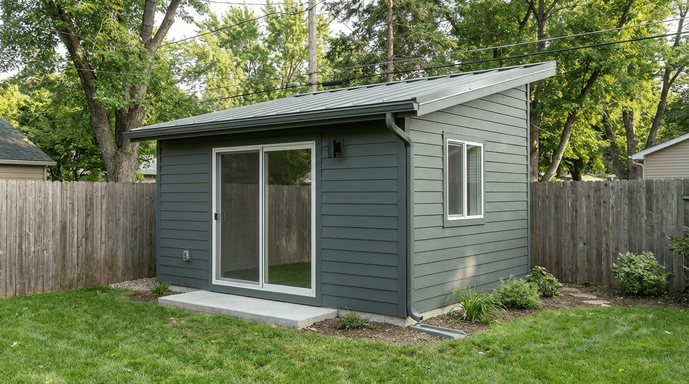 Contemporary detached home office studio with sliding glass doors