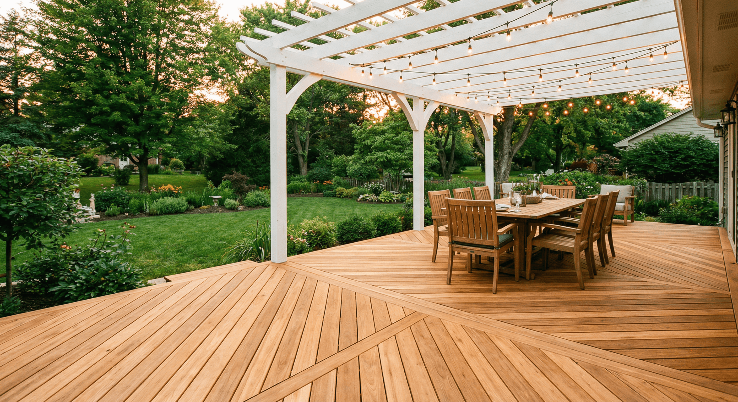 Cedar deck with white pergola and outdoor dining area at sunset