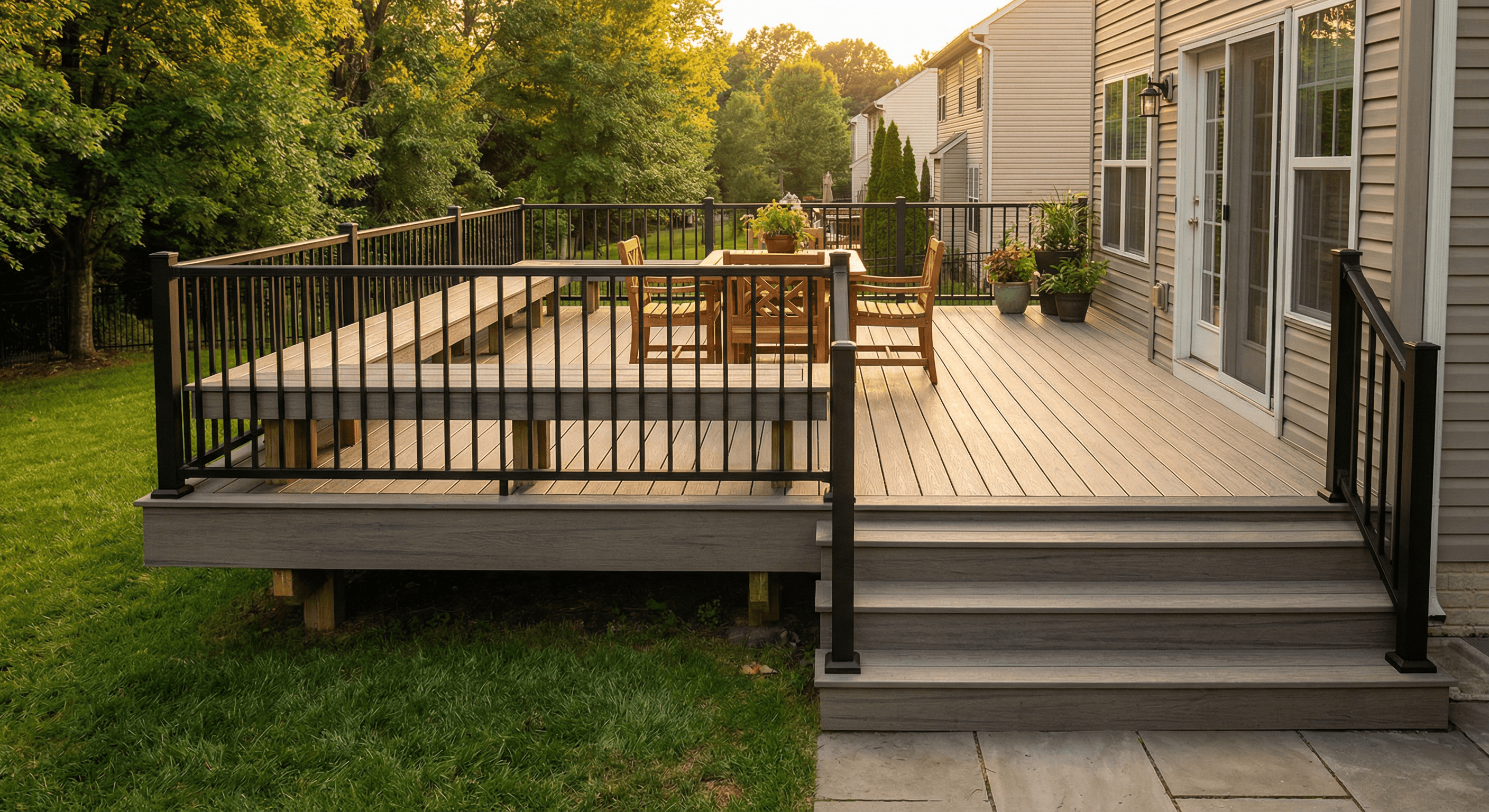 Composite deck with black aluminum railing and wide steps in Maryland backyard