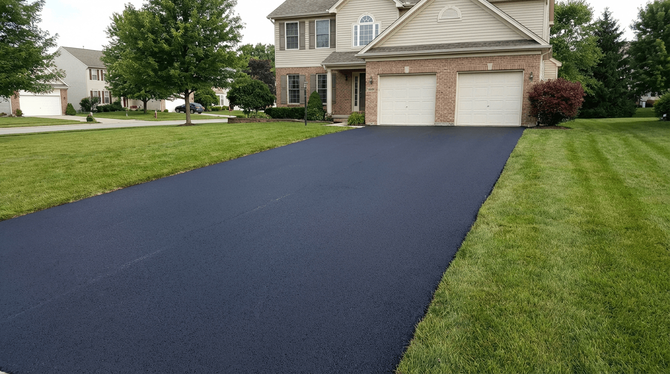 Freshly paved asphalt driveway at single family home with two car garage