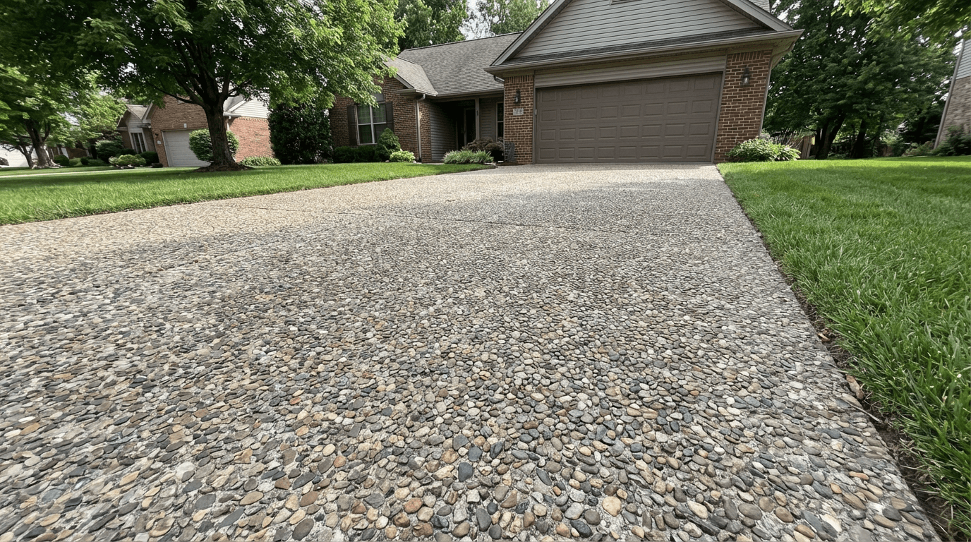 Exposed aggregate concrete driveway with stone border at residential home