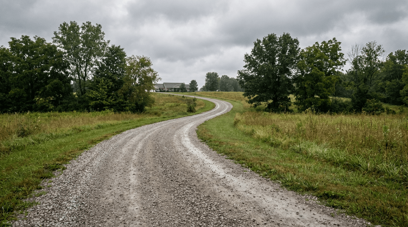Compacted crushed stone gravel driveway on rural Maryland property