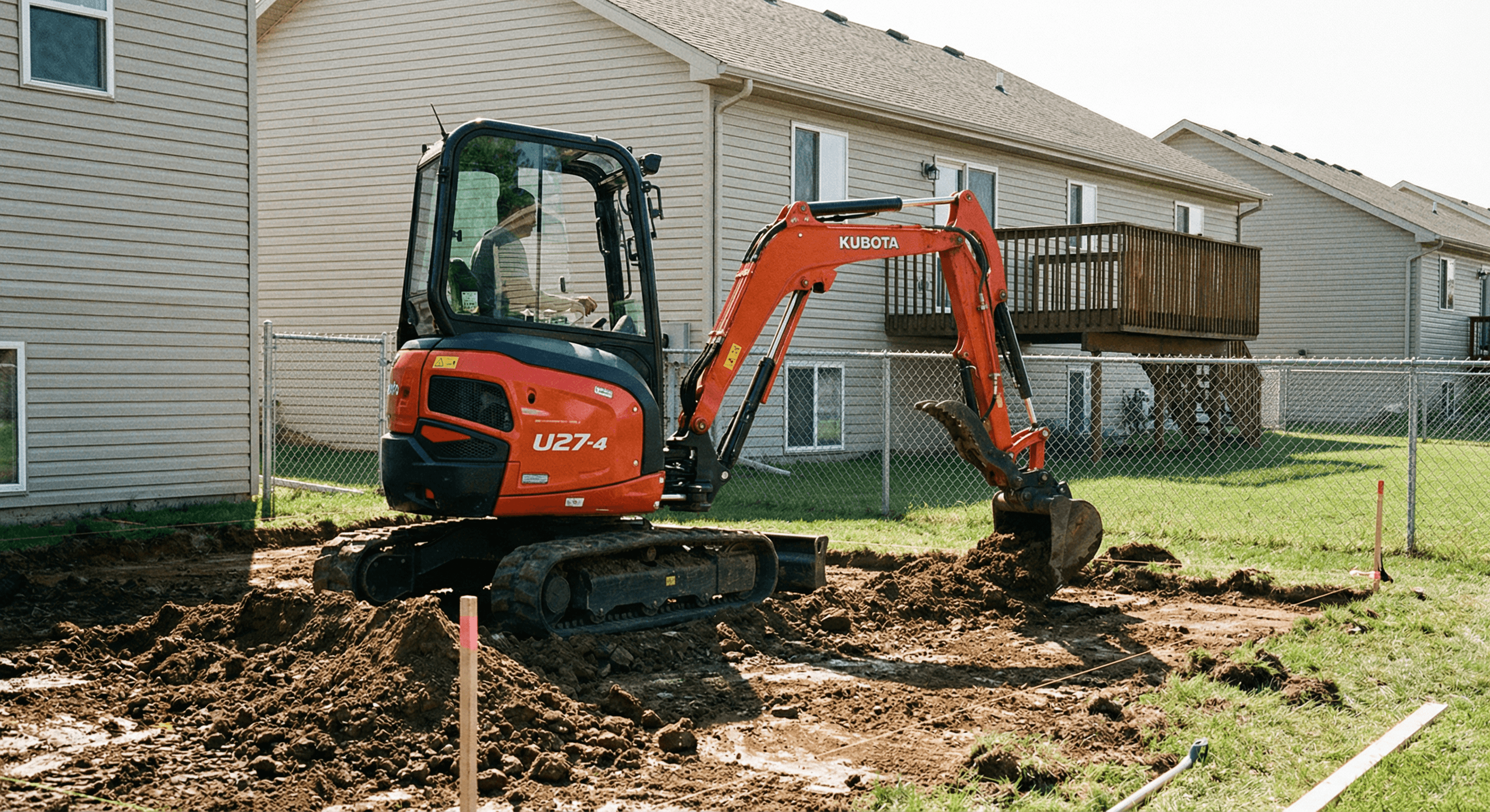 Mini excavator grading residential backyard for patio preparation
