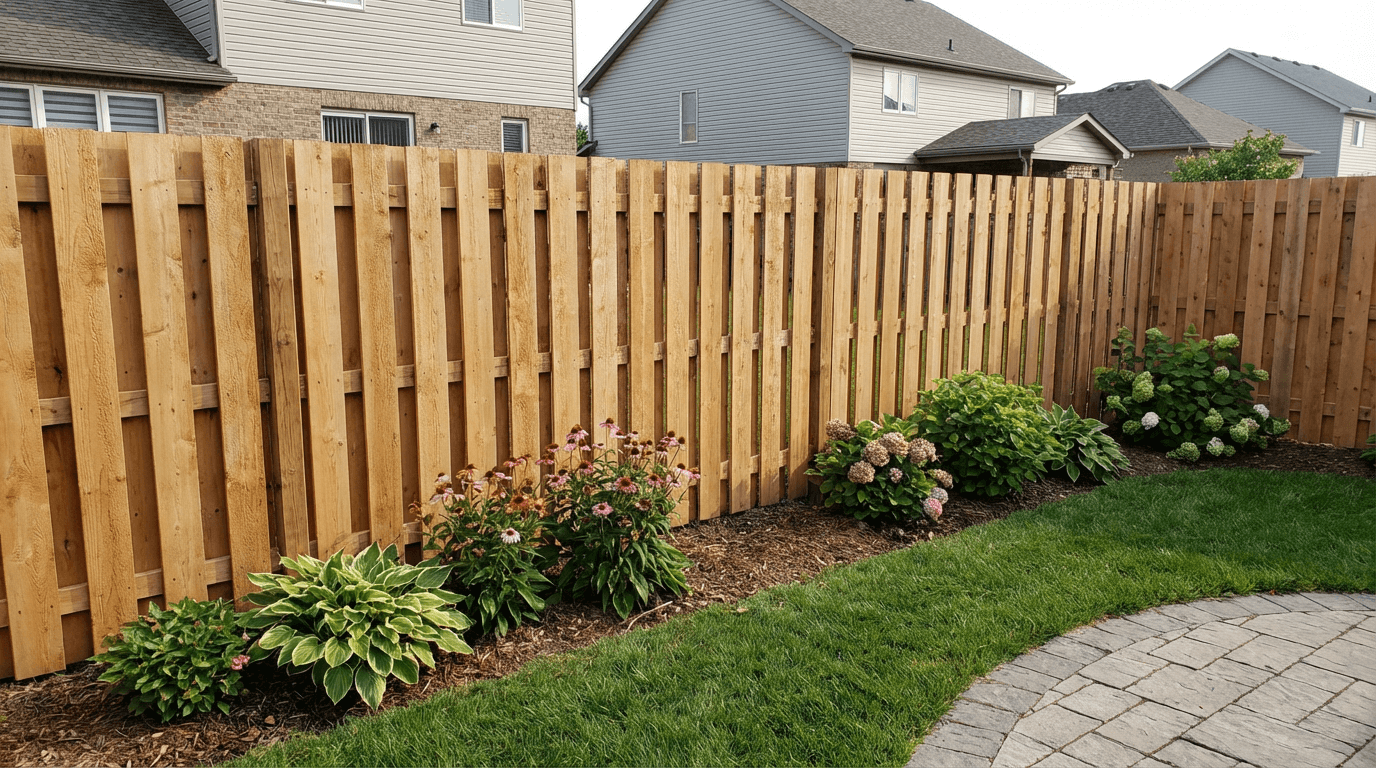 Board-on-board cedar privacy fence in suburban backyard with landscaping