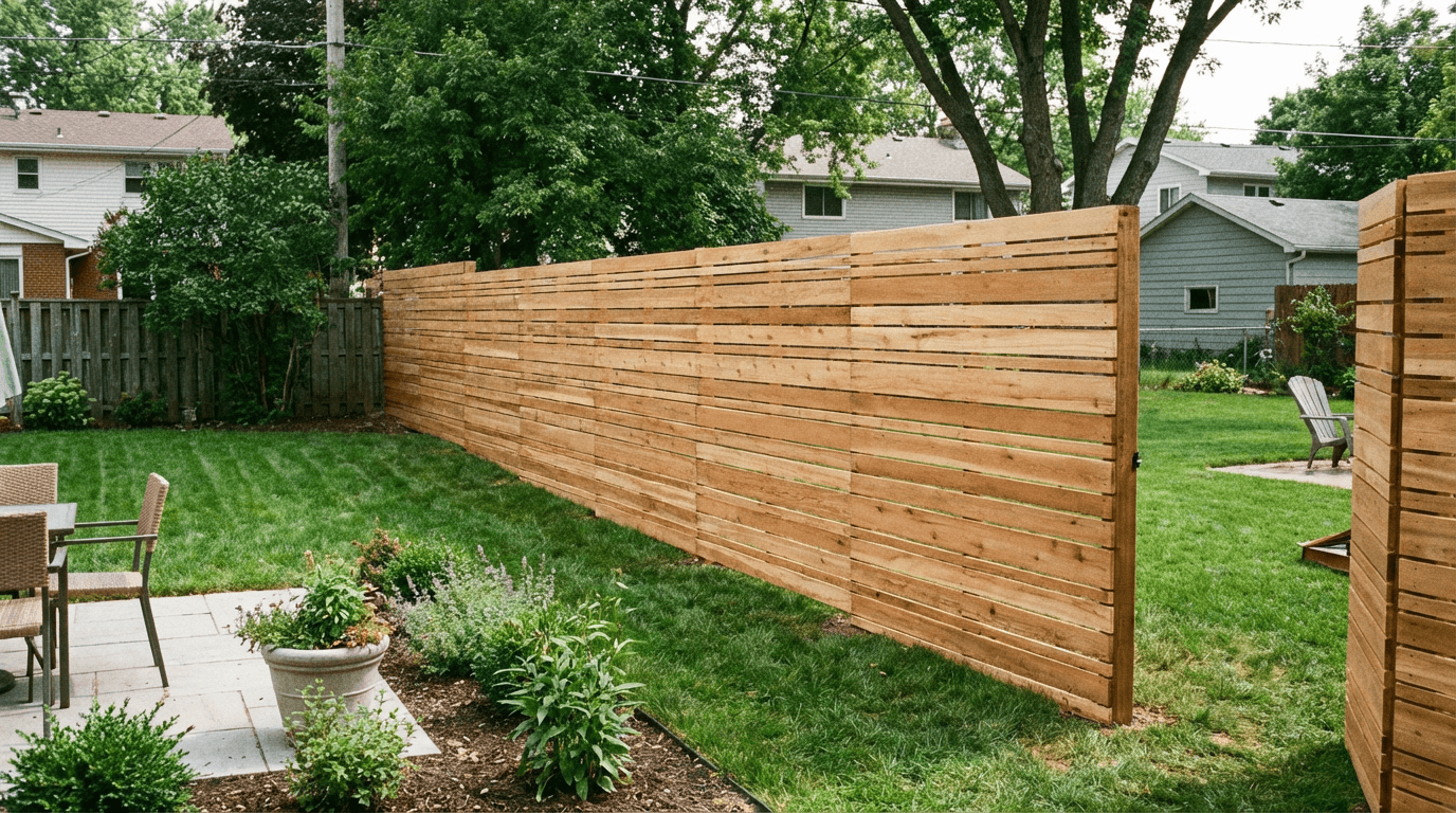 Horizontal cedar privacy fence along residential property line in Anne Arundel County