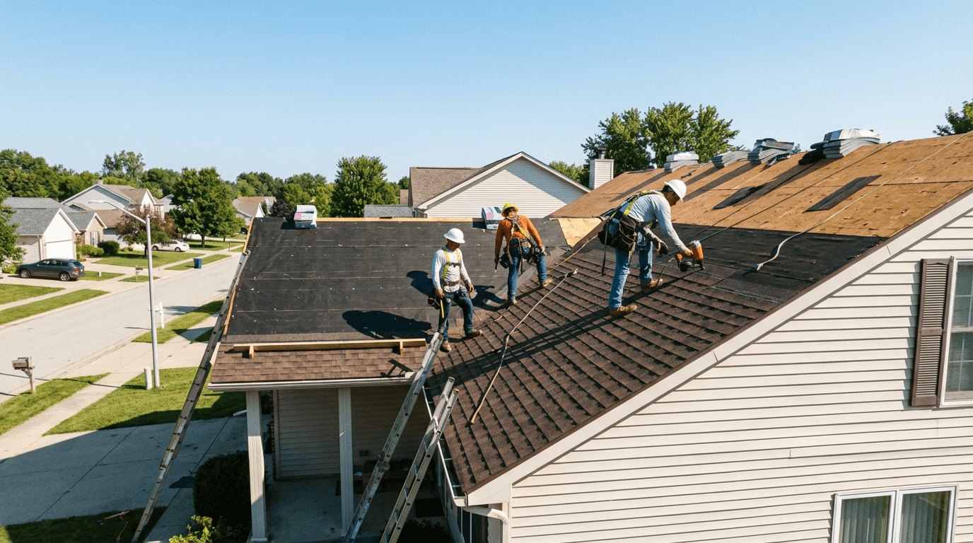 Roofing crew installing new shingles on residential home in Maryland