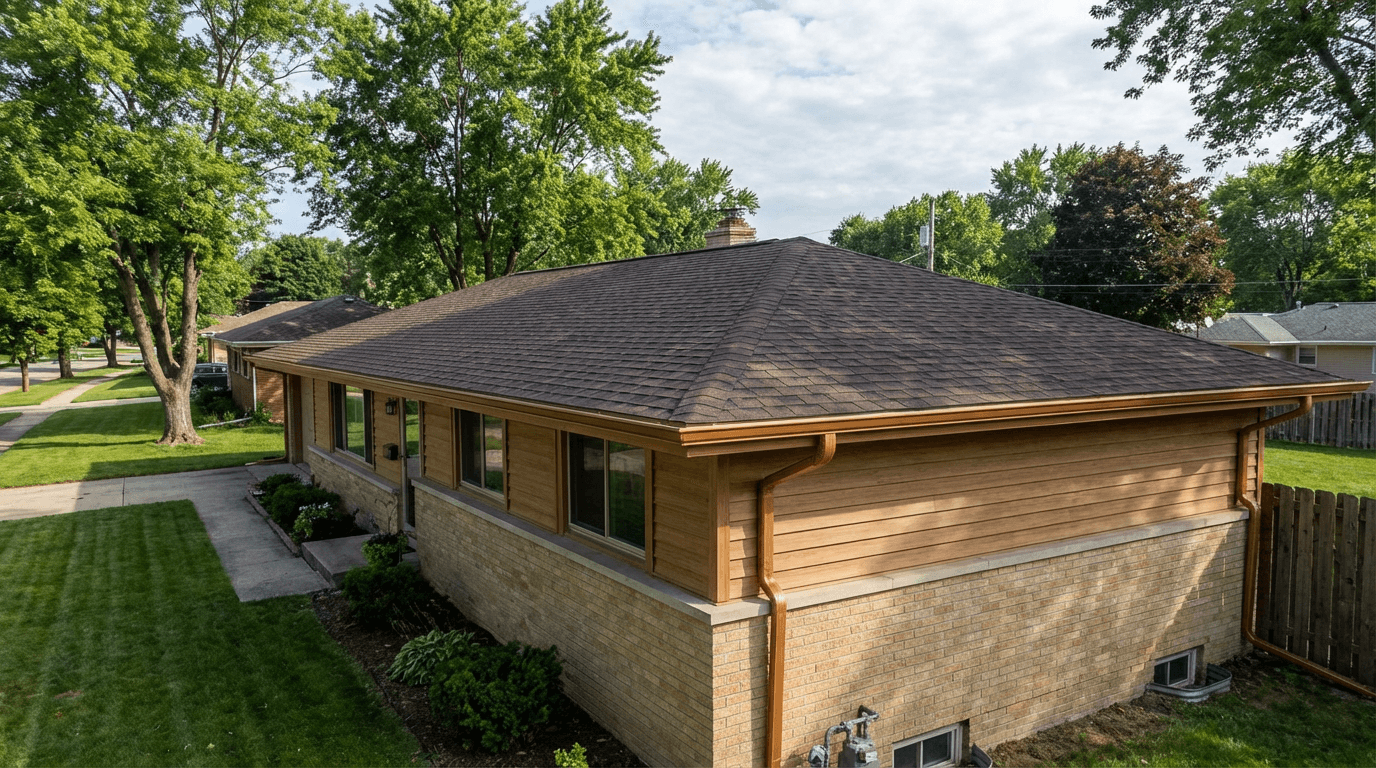 Brown dimensional shingle roof on ranch-style home with new gutters
