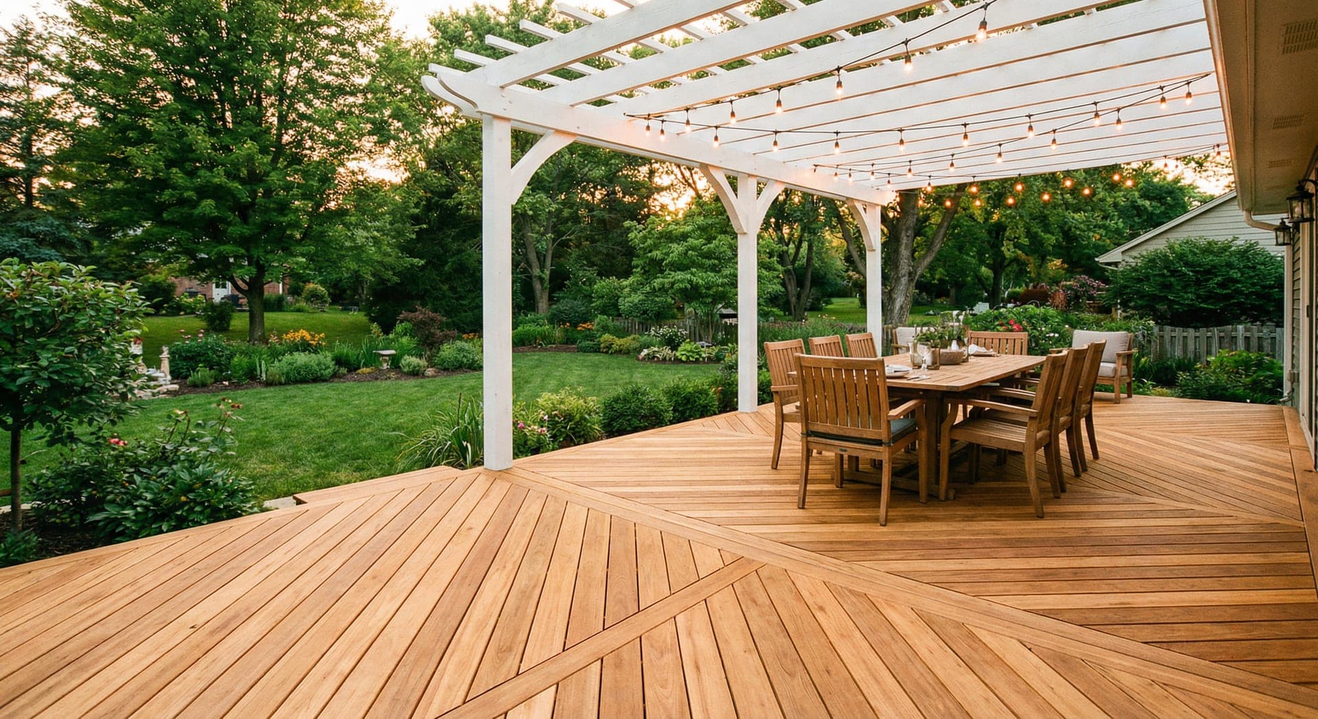 Cedar deck with white pergola and outdoor dining area at sunset