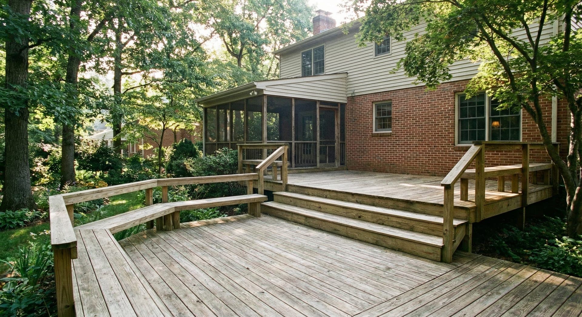 Multi-level pressure treated wood deck with screened porch on wooded property